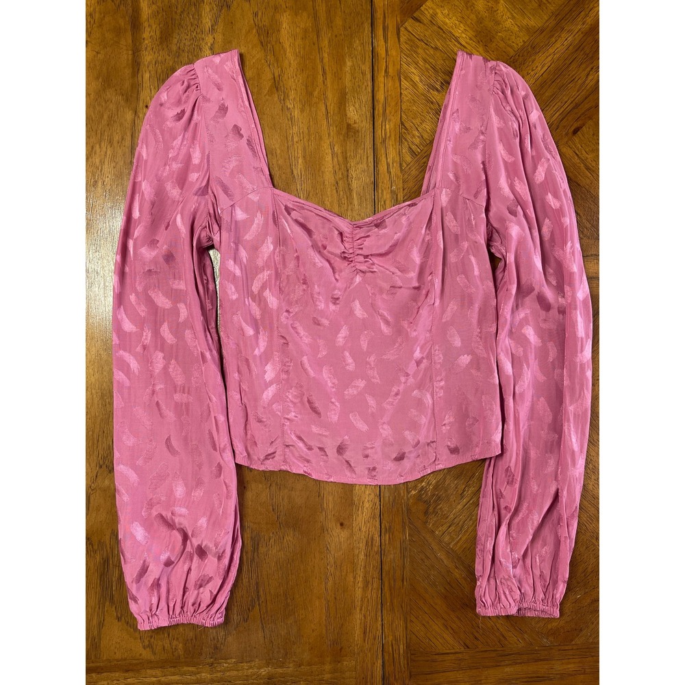 WAYF Blouse Pink Jacquard Long Sleeve Smocked Back Square Neck Top
